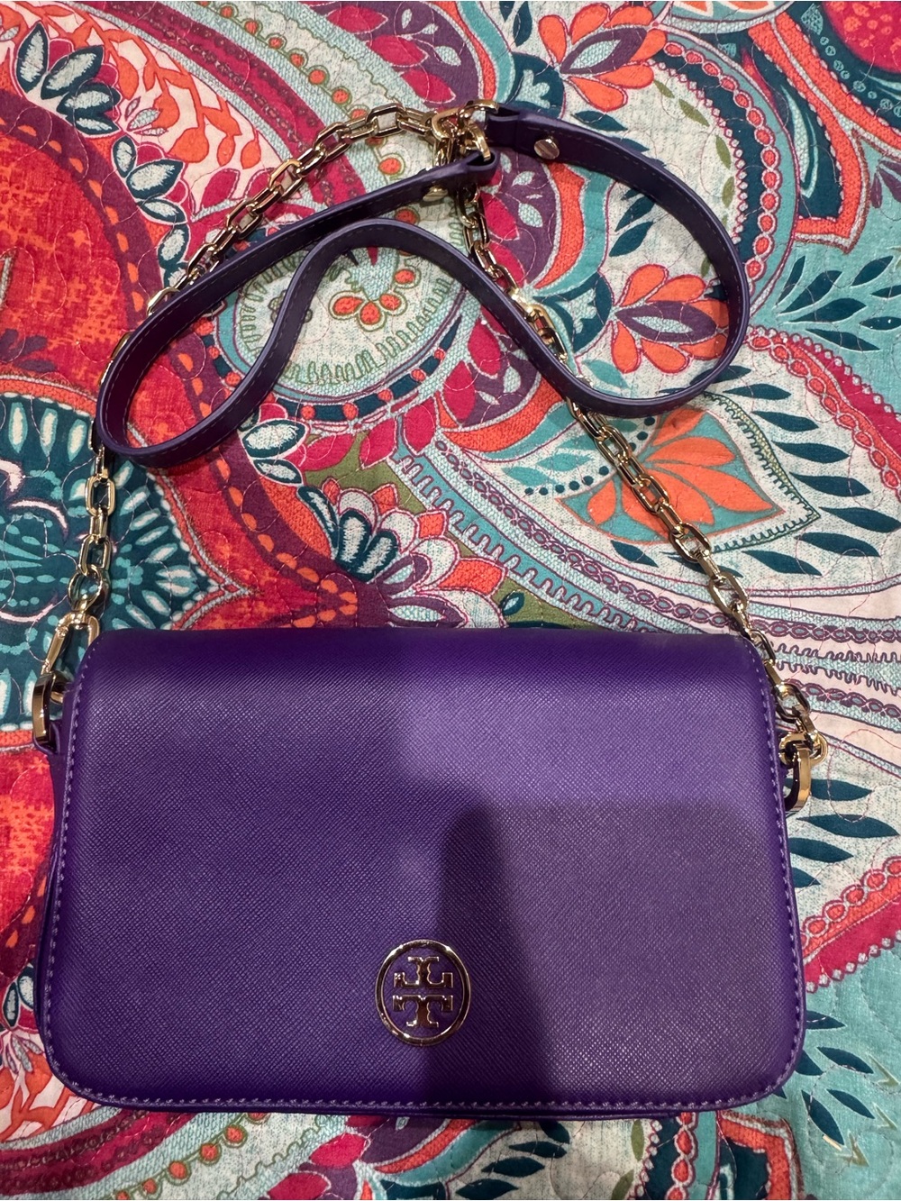 Tory Burch Purple Saffiano Leather Chain Strap Crossbody